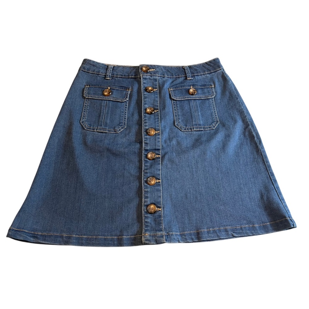 Democracy Mini Denim Skirt Size 6 A-Line Button Front Jean Skirt Patch Pockets